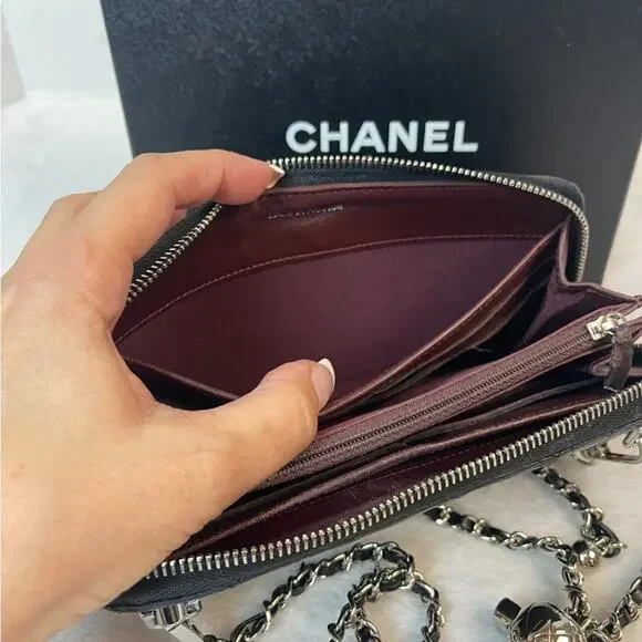 CHANEL CC QUILTED LAMBSKIN ZIP AROUND WALLET ON A CHAIN. Box & COA Included